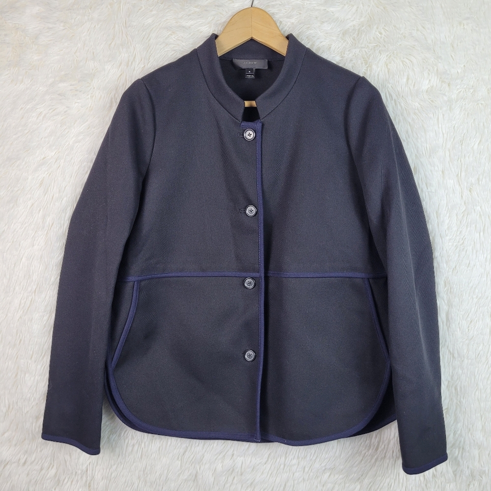 Sz‎ 6 J Crew Women Black Navy Blue Trim Twill Jacket Modern Preppy